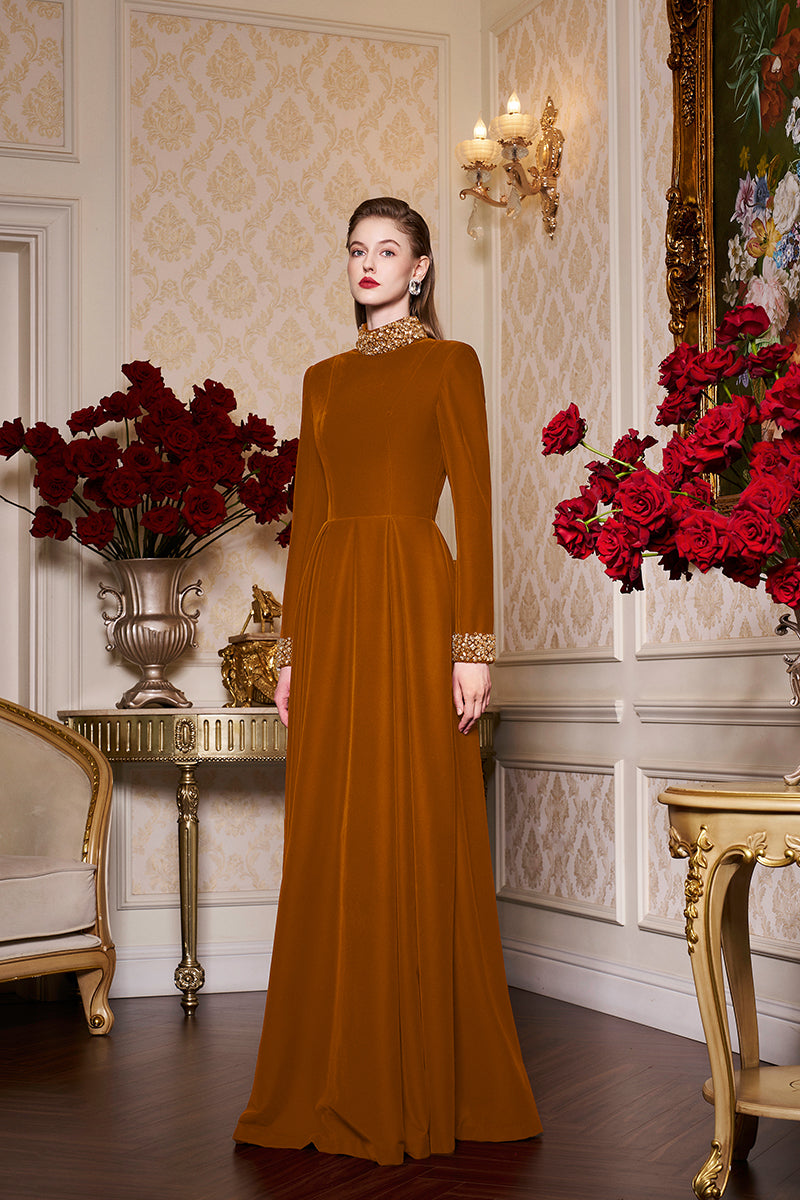 Turtleneck Collar Pleated Waist Velvet Gown