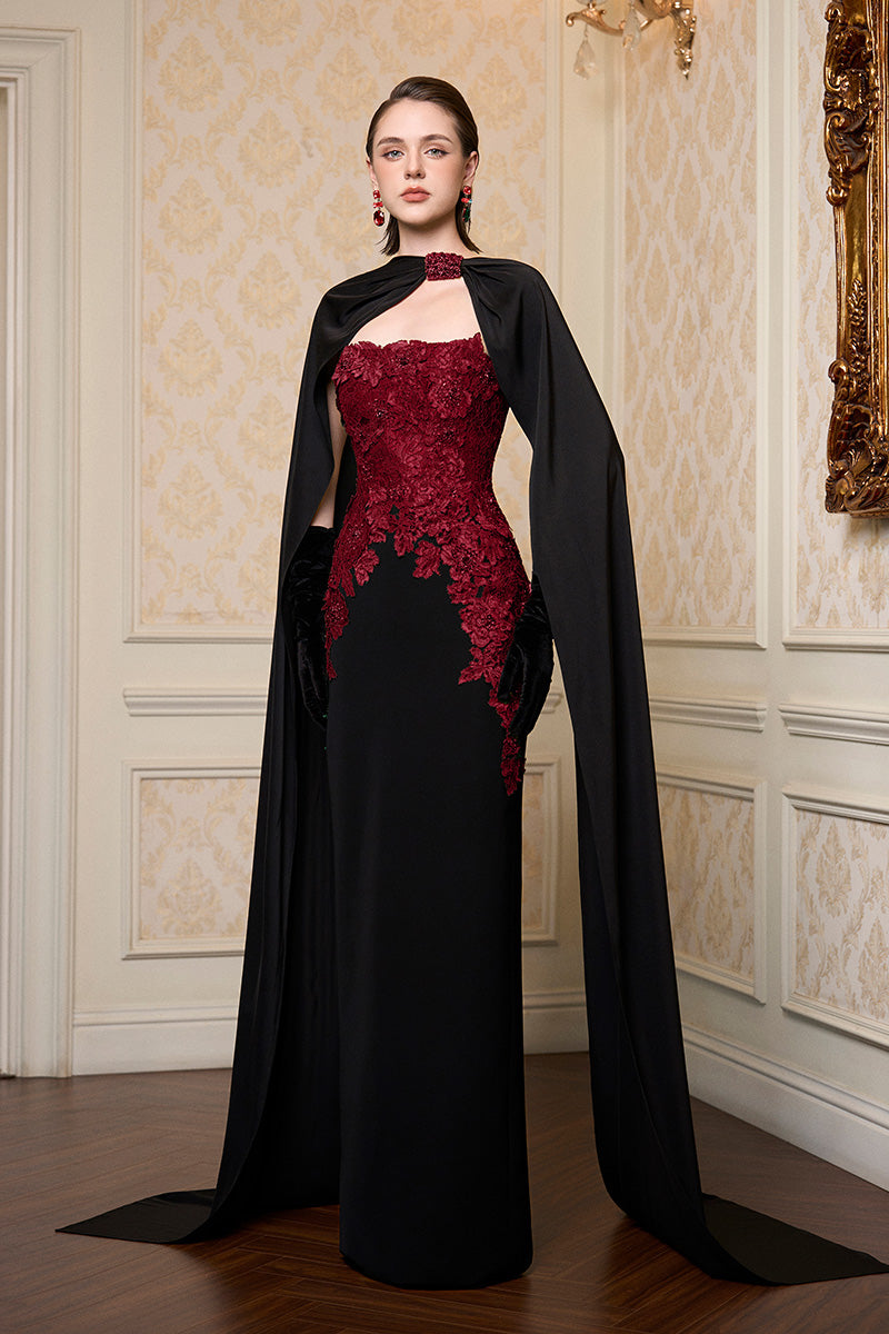 Strapless Column Gown With Long Cape In Dark Red French Lace & Black Crepe