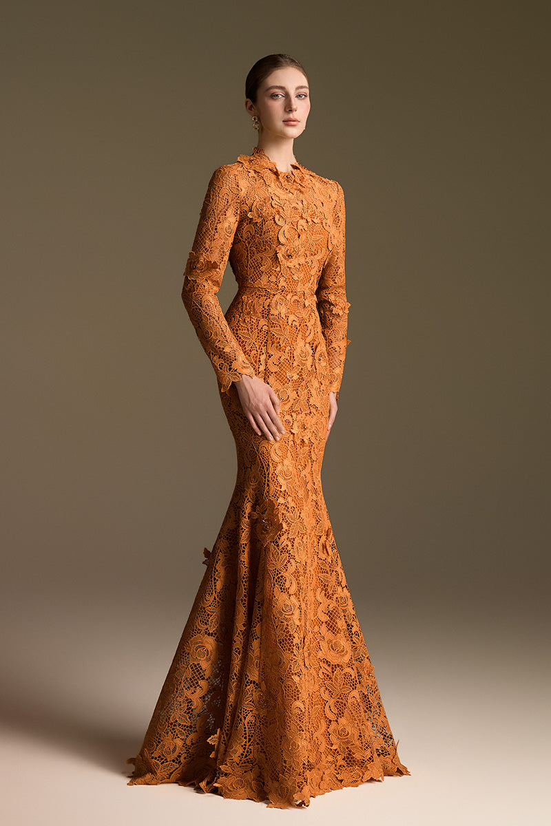 Round Neck Mermaid Gown With Long Sleeves In Dark Orange Guipure Lace