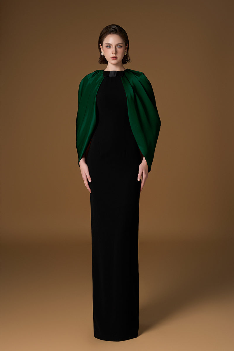 Round Neck Column Gown With Cape Sleeves In Black Crepe & Ivory Silk
