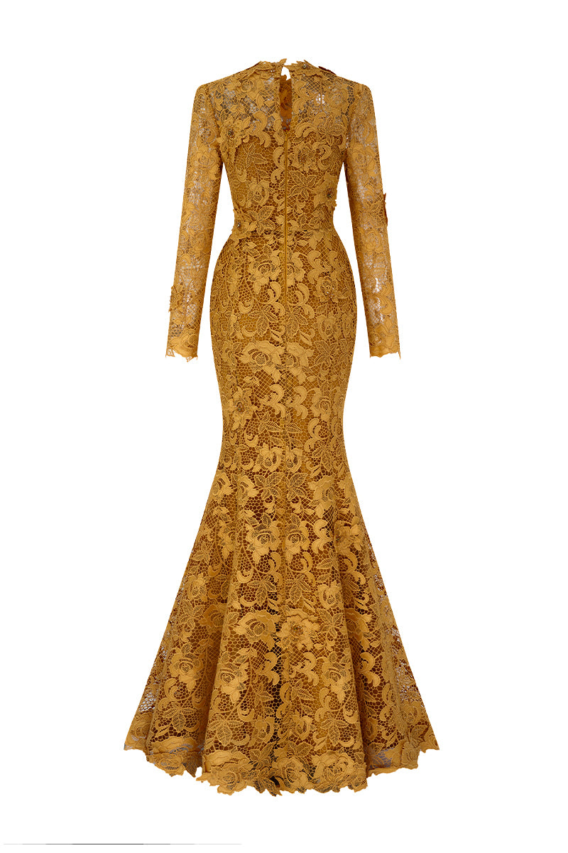 Round Neck Mermaid Gown With Long Sleeves In Gold Guipure Lace