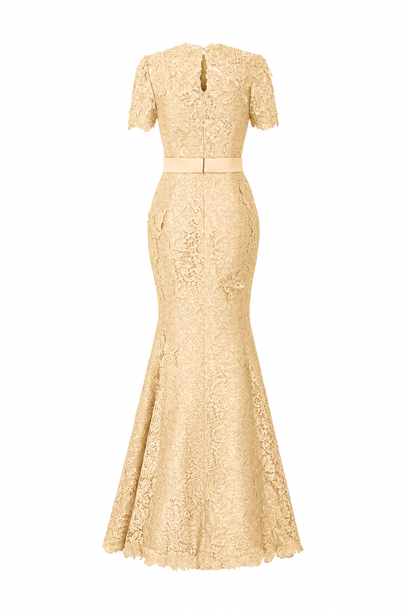 Round Neck Mermaid Gown With Short Sleeves In Beige French Lace