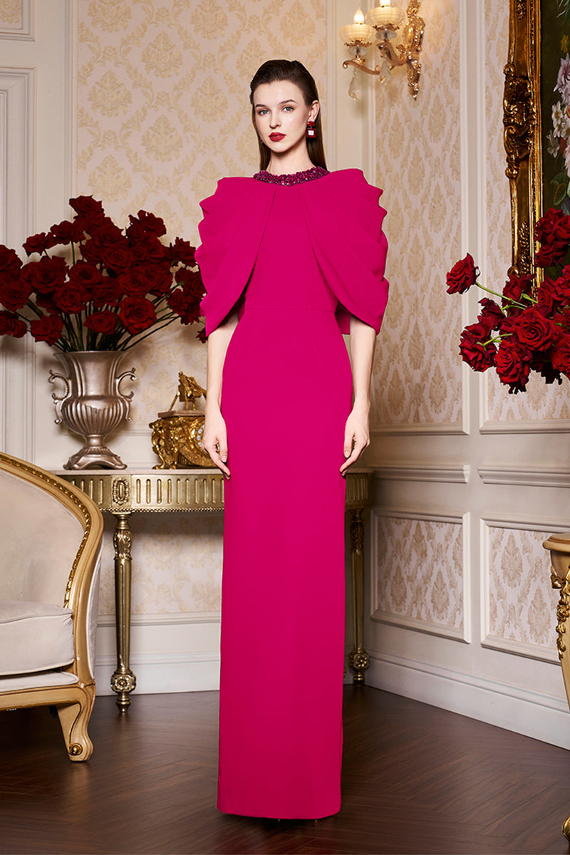 Round Neckline Column Gown With Draped Cape