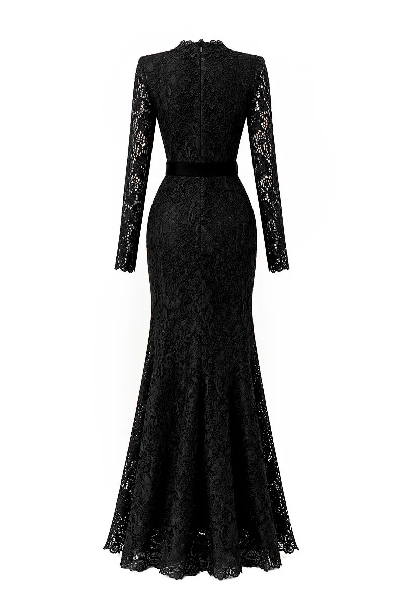 Trapeze Neck Mermaid Gown With Waist Belt In Cocoa Black Lily Floral Lace