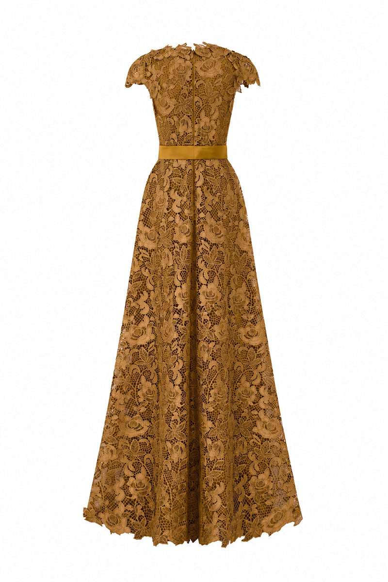 V-Neck Sleeveless A-Line Gown In Dark Gold Guipure Lace
