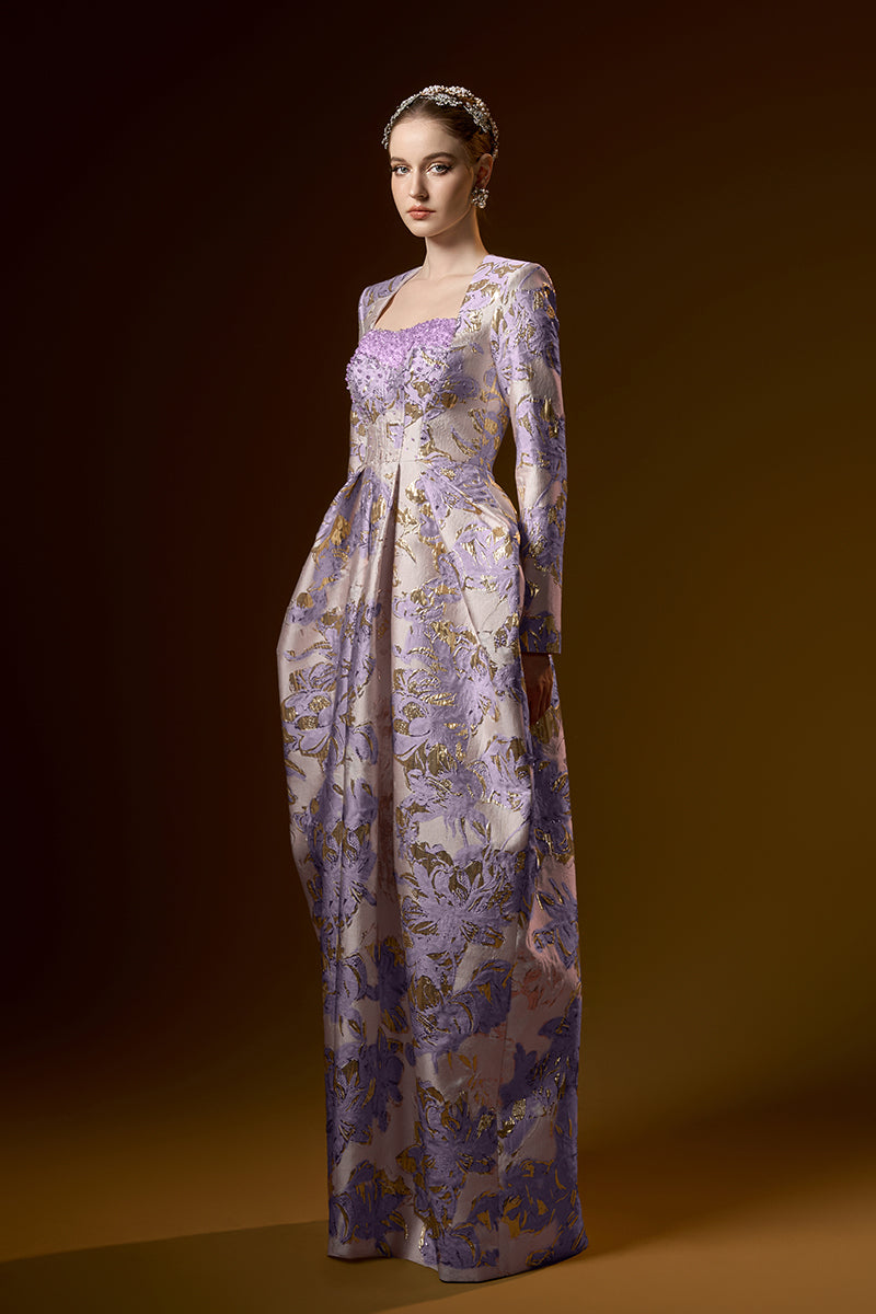 Trapeze Neck Ballgown With Long Sleeves In Jacquard