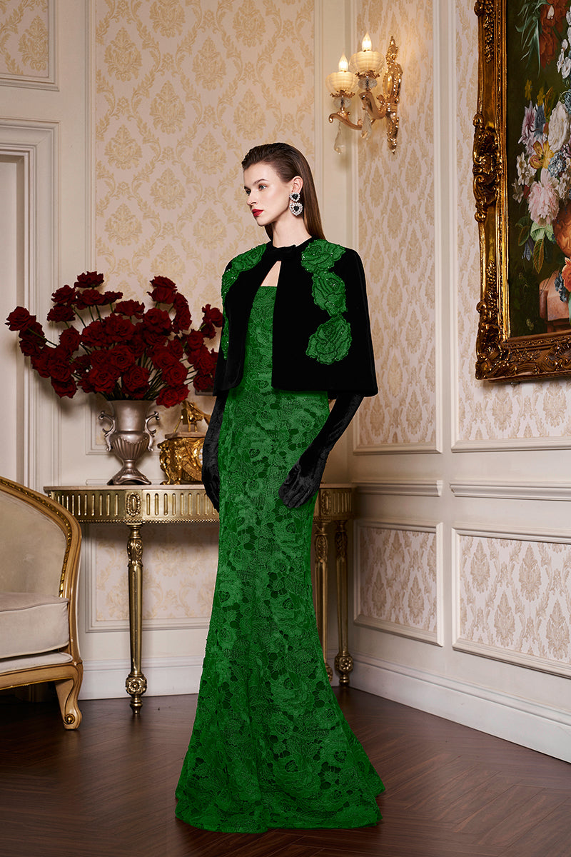 Princess Line Strapless Black Lace and Velvet Dress with Cape