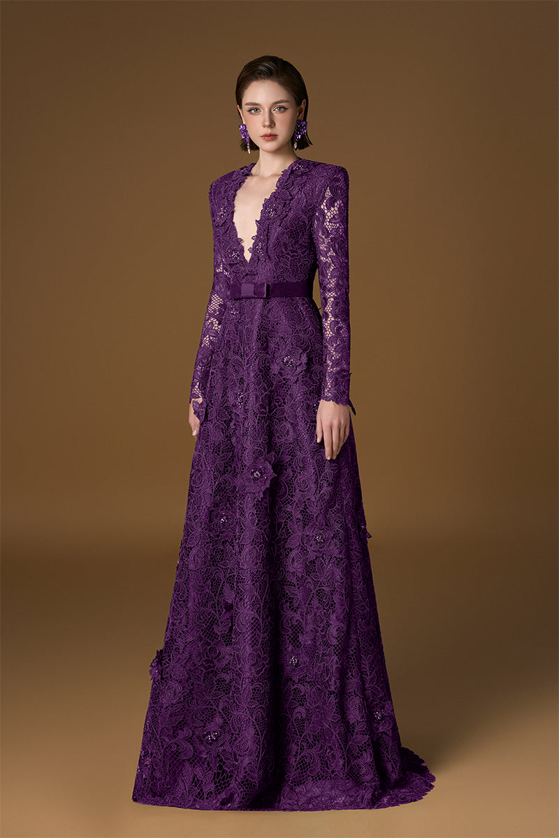 V Neck A-line Gown With Long Sleeves In Green Guipure Lace