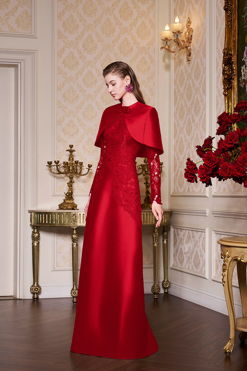 Fuchsia Lace and Taffeta Gown With Mini Cape