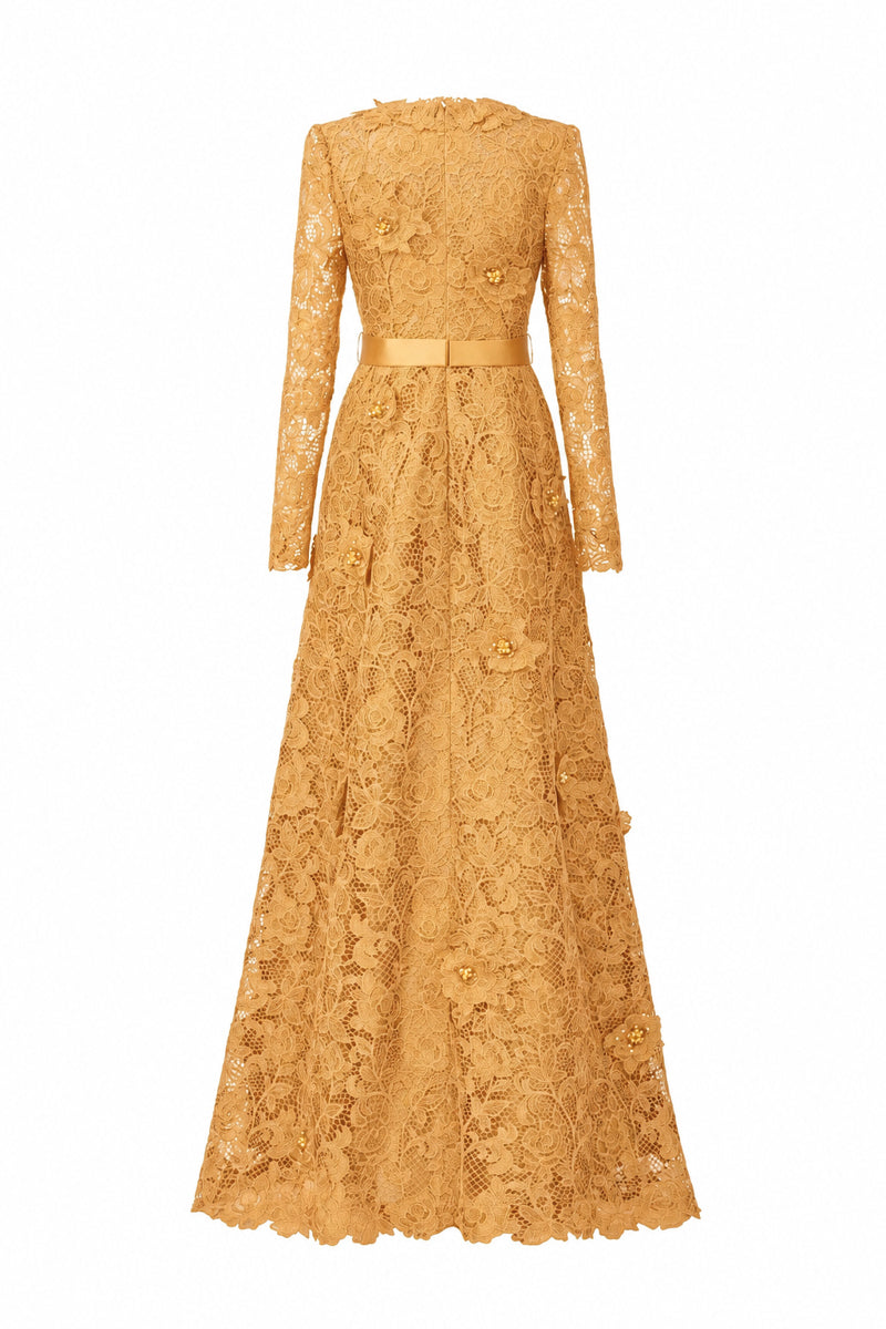 V Neck A-line Gown With Long Sleeves In Yellow Guipure Lace