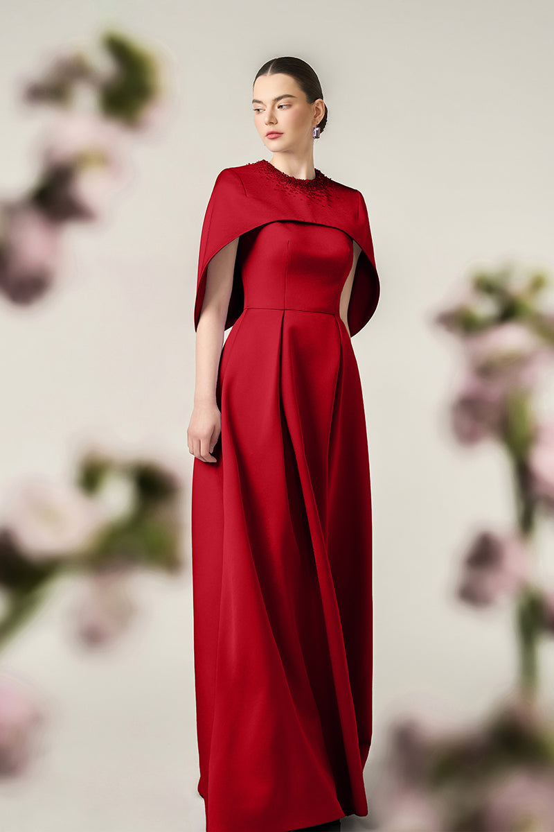 Round Neck A-Line Gown With Circular Cut Mini Cape