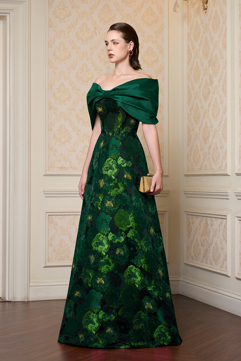 Strapless A-line Gown With Bust Bow In Black Taffeta & Dark Green Floral Jacquard