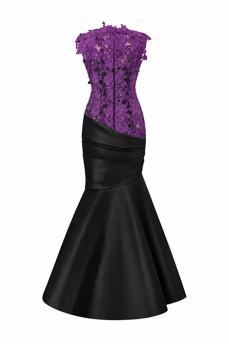 Round Neck Mermaid Gown With Purple Guipure Lace and Black Taffeta