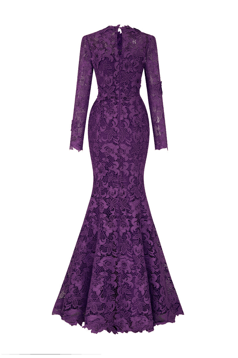Round Neck Mermaid Gown With Long Sleeves In Dark Purple Guipure Lace