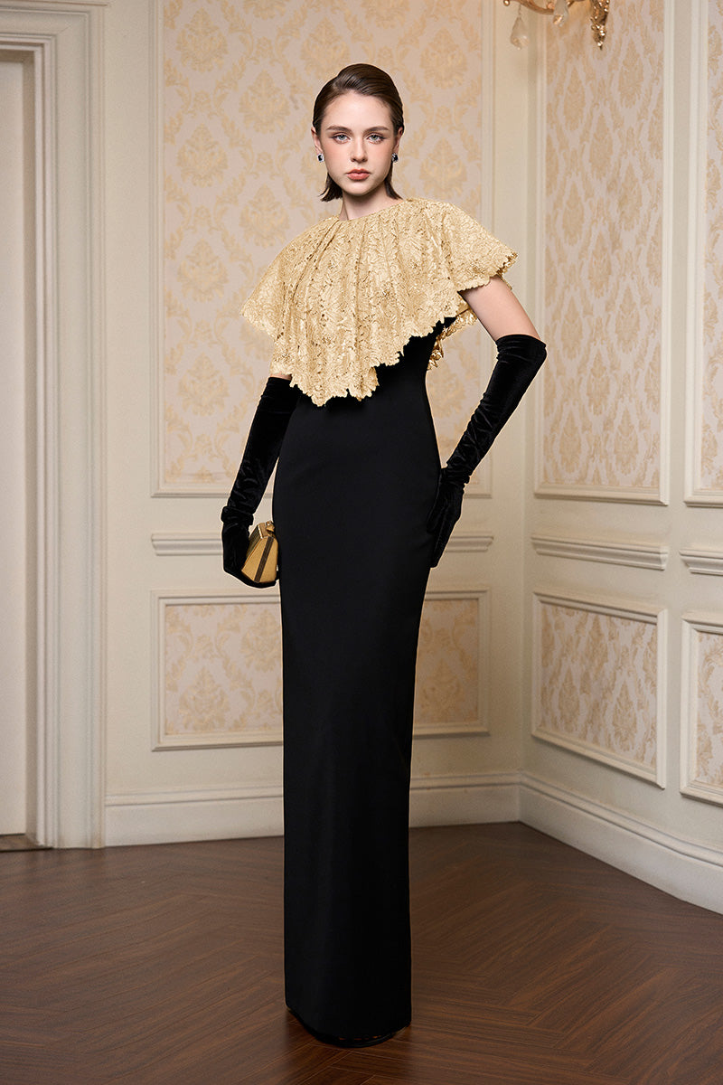 Round Neck Column Gown With Mini Cape In Beige French Lace & Black Crepe