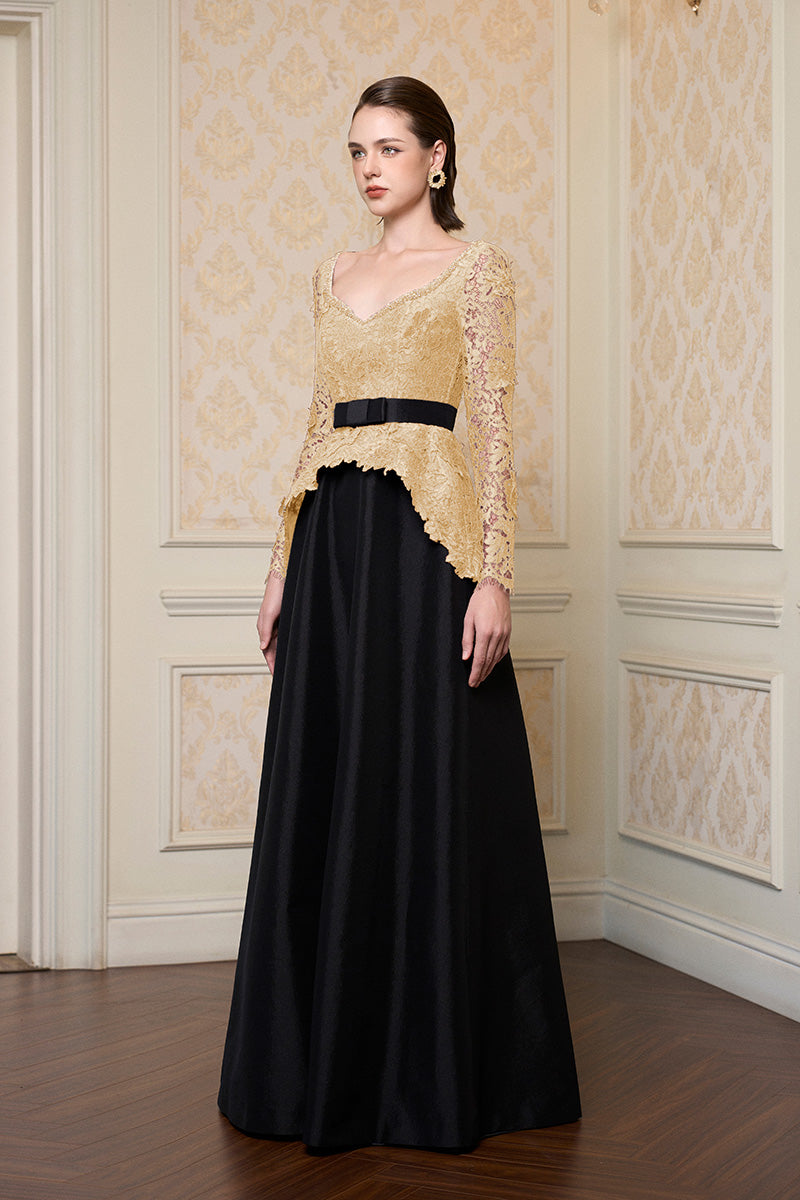 Queen Ann Neck A-Line Gown In Beige French Lace & Black Taffeta