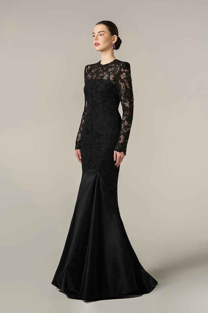 LONG SLEEVES MERMAID GOWN WITH PLEATED HEM