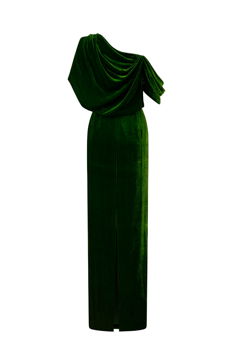 Asymmetric One Shoulder Column Gown With Draped Details In Green Velvet