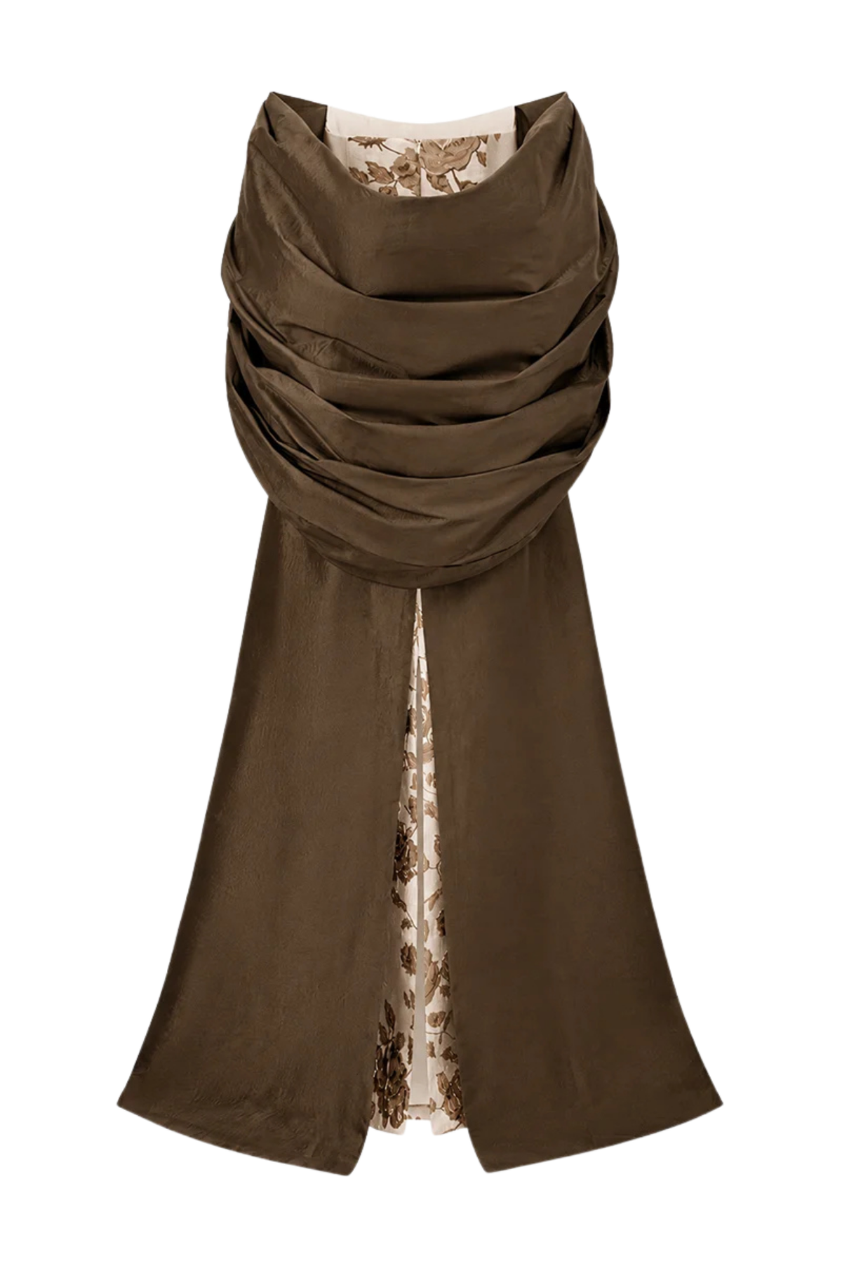 Bustier Column Gown With Draped Off-Shoulder Details In Brown Rose Branch Brocade & Taffeta