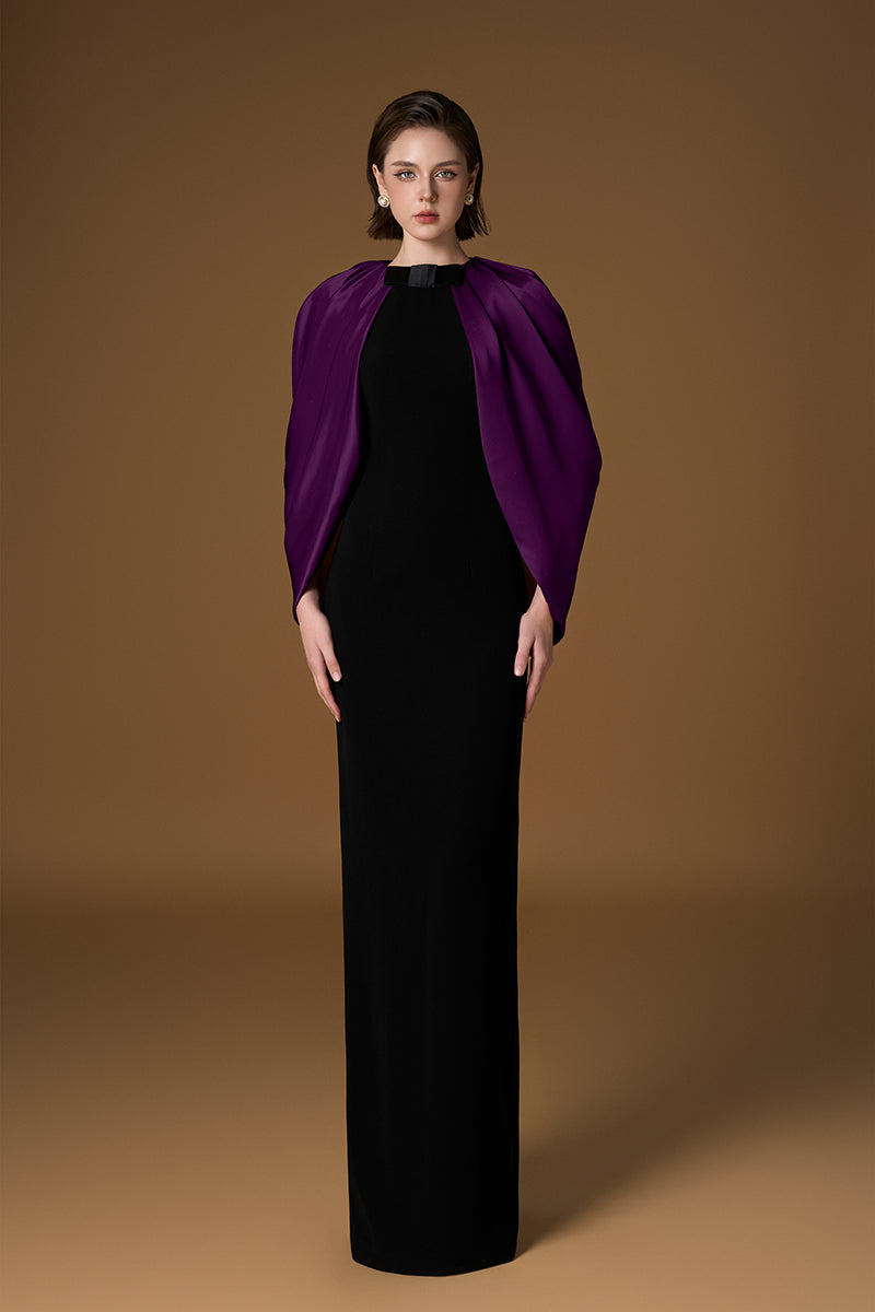 Round Neck Column Gown With Cape Sleeves In Black Crepe & Ivory Silk