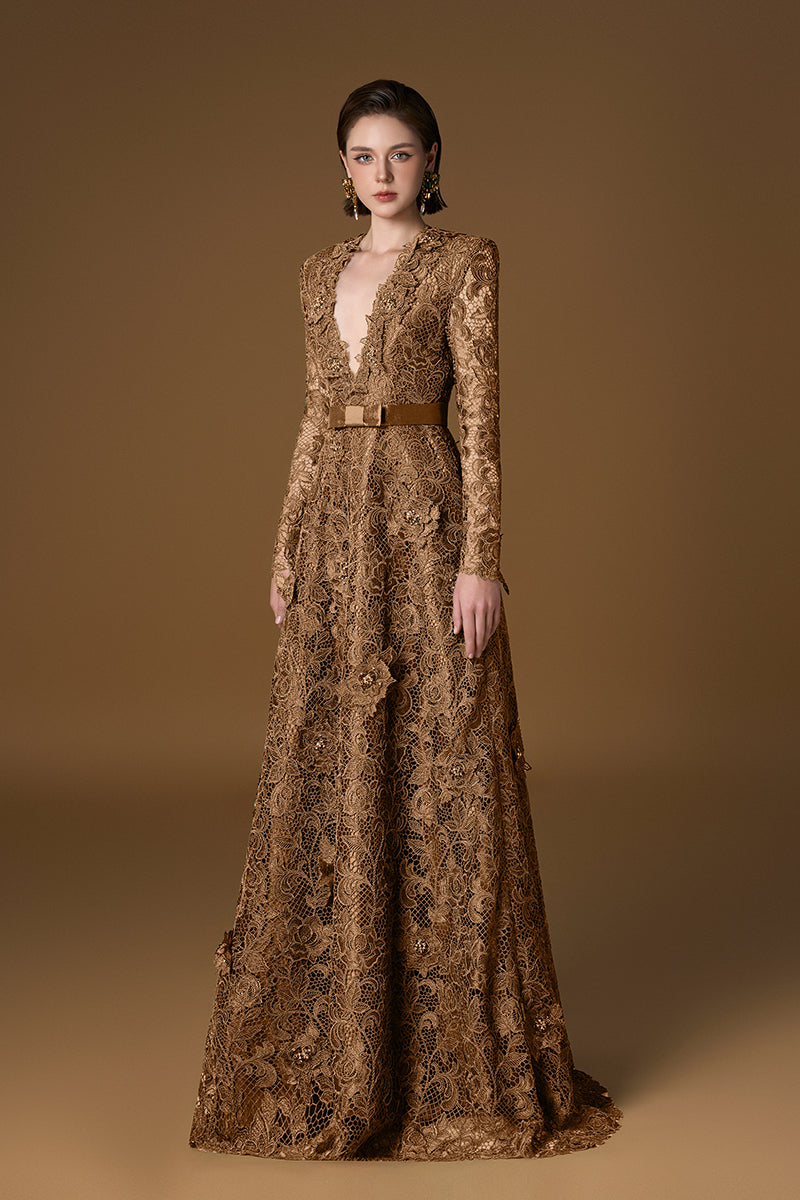 V Neck A-line Gown With Long Sleeves In Dark Gold Guipure Lace