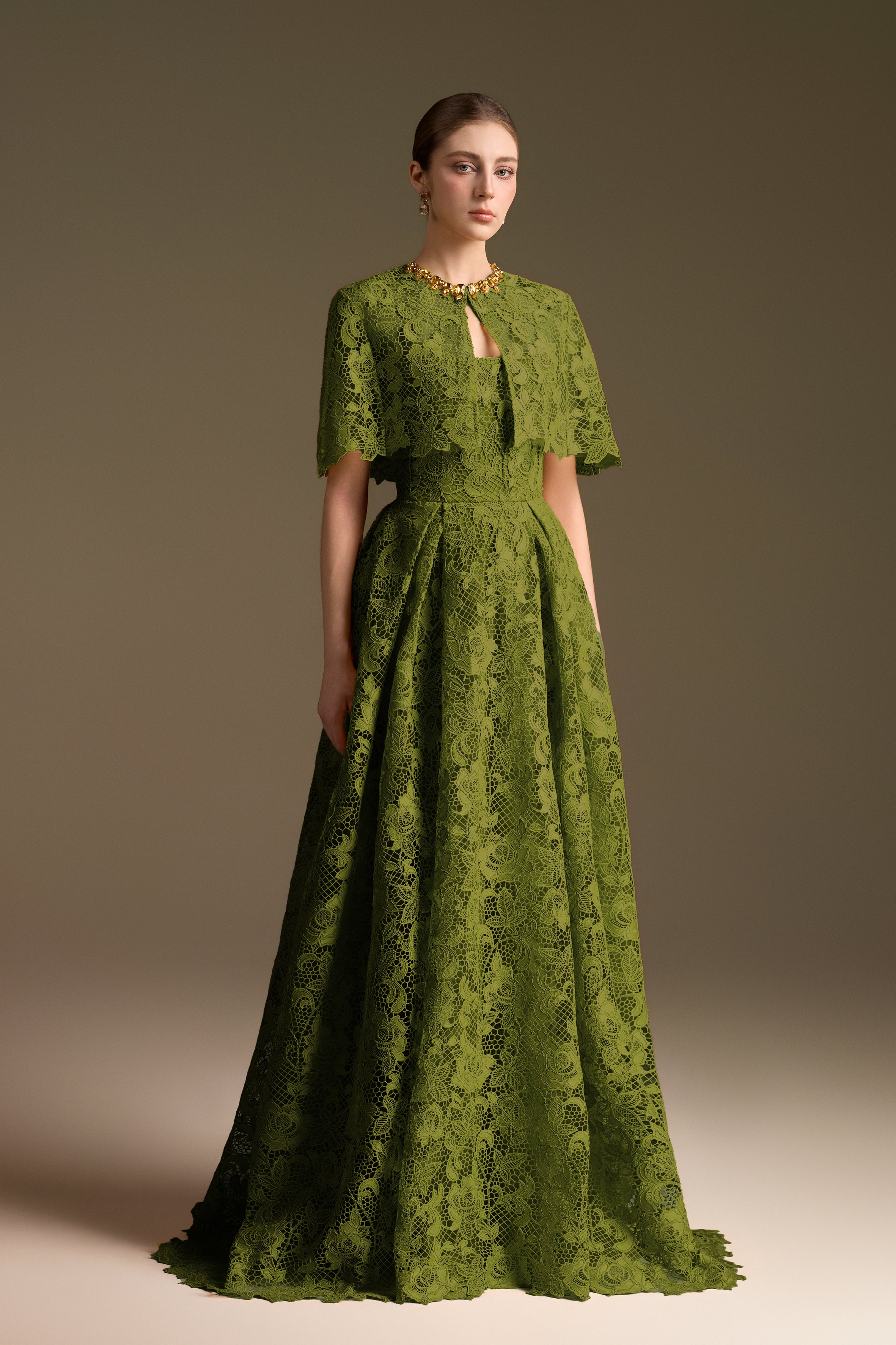 Burstier A-Line Gown With Mini Cape In Guipuire Lace