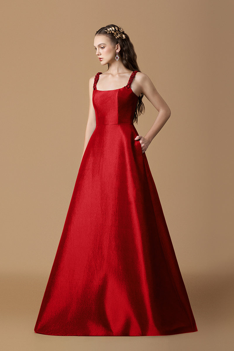 A-line Gown With Hand-Braided Strap In Dark Green Taffeta