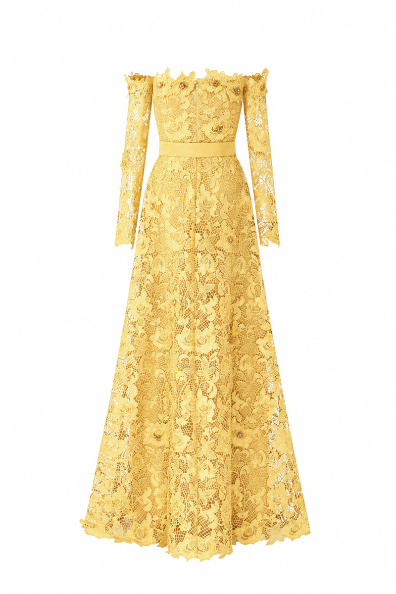 Yellow Long Sleeves Off-Shoulder A-Line Gown