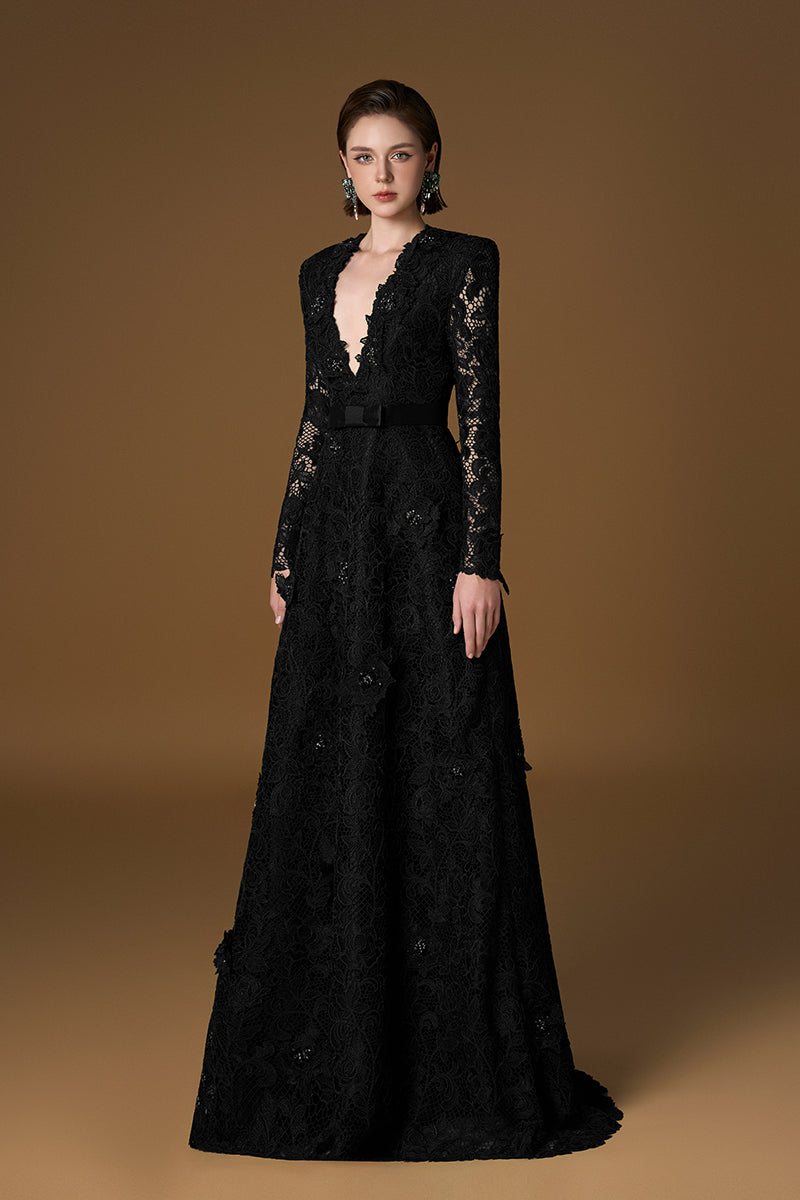 V Neck A-line Gown With Long Sleeves In Green Guipure Lace
