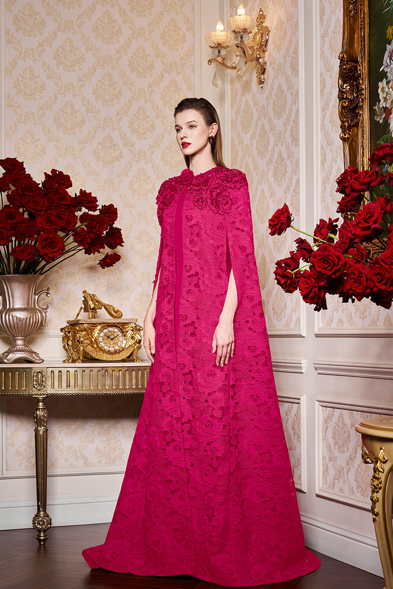 Round Neckline Sleeveless Column Gown With Long Lace Cape