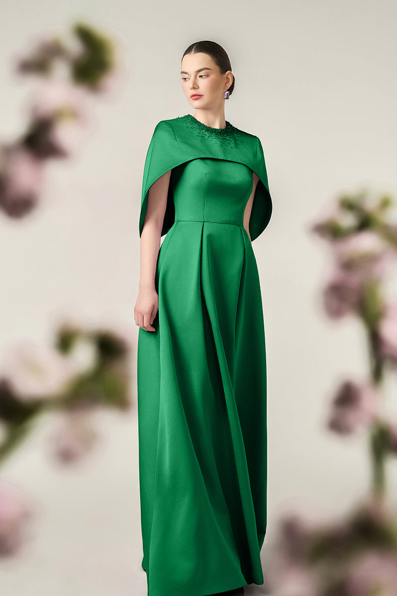 ROUND NECK A-LINE GOWN WITH CIRCULAR CUT MINI CAPE