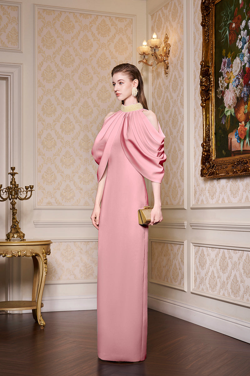 Bottle Neckline Draped Shoulder Agate Silk Gown