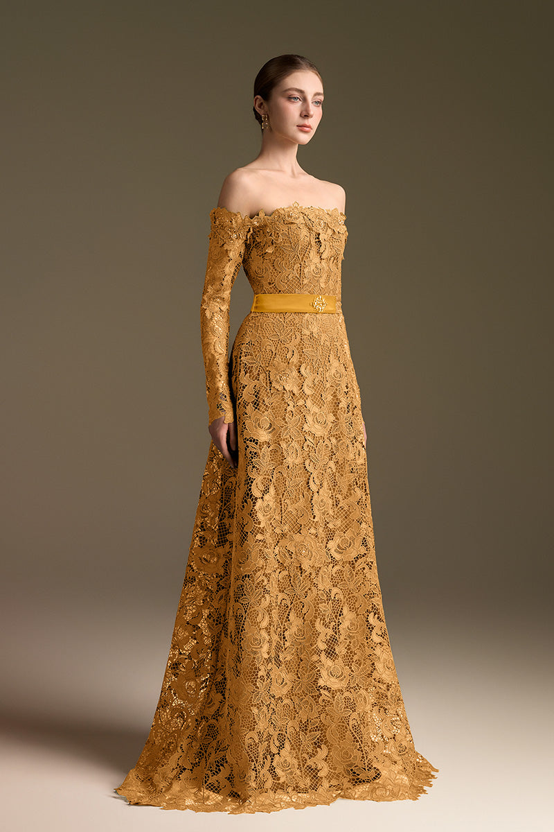 Long Sleeves Off-Shoulder A-Line Gown