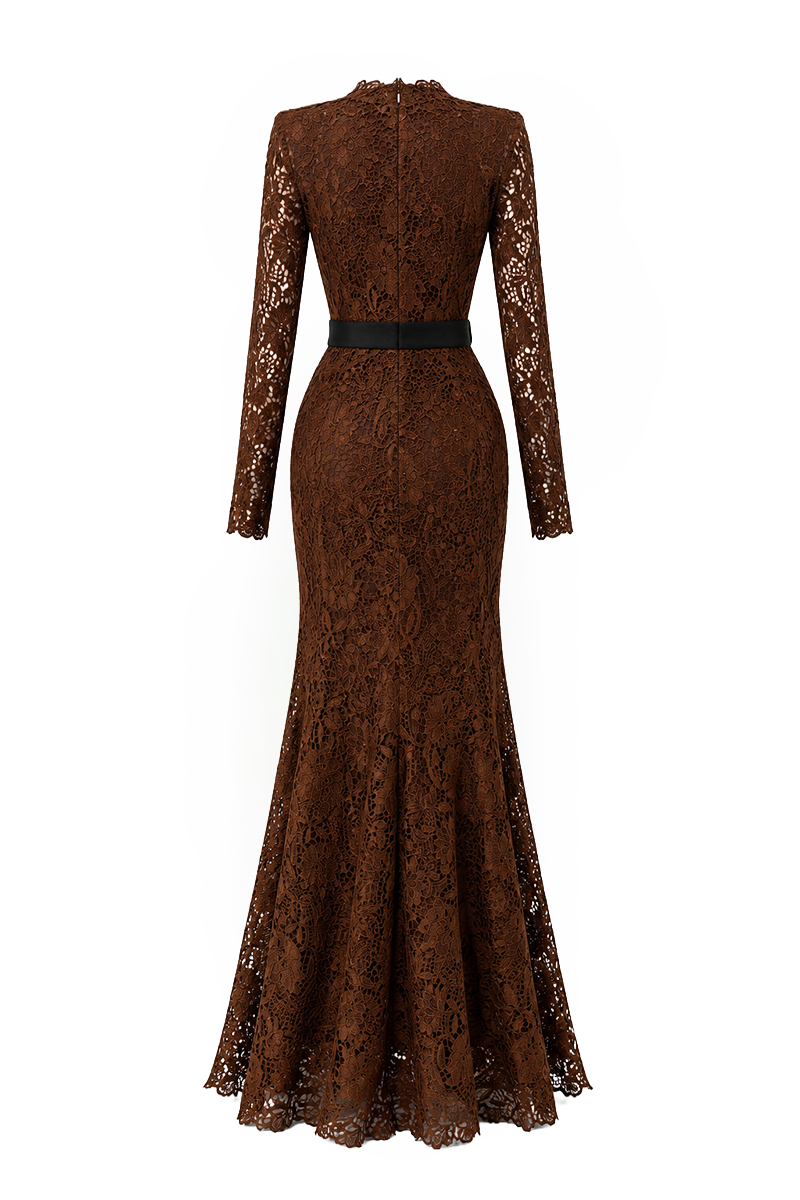 Trapeze Neck Mermaid Gown With Waist Belt In Cocoa Brown Lily Floral Lace