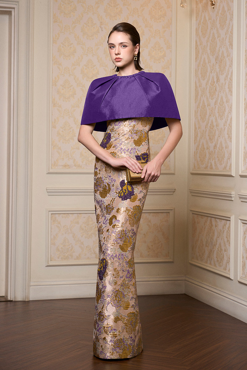 Round Neck Column Gown With Mini Cape In Dark Purple Floral Metallic Jacquard & Taffeta