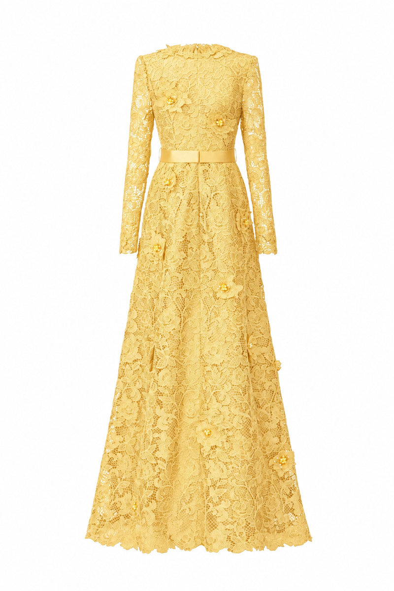 V Neck A-line Gown With Long Sleeves In Light Yellow Guipure Lace