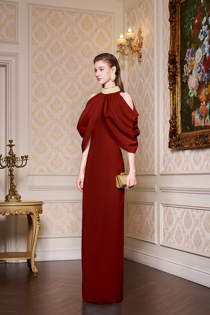 Bottle Neckline Draped Shoulder Agate Silk Gown