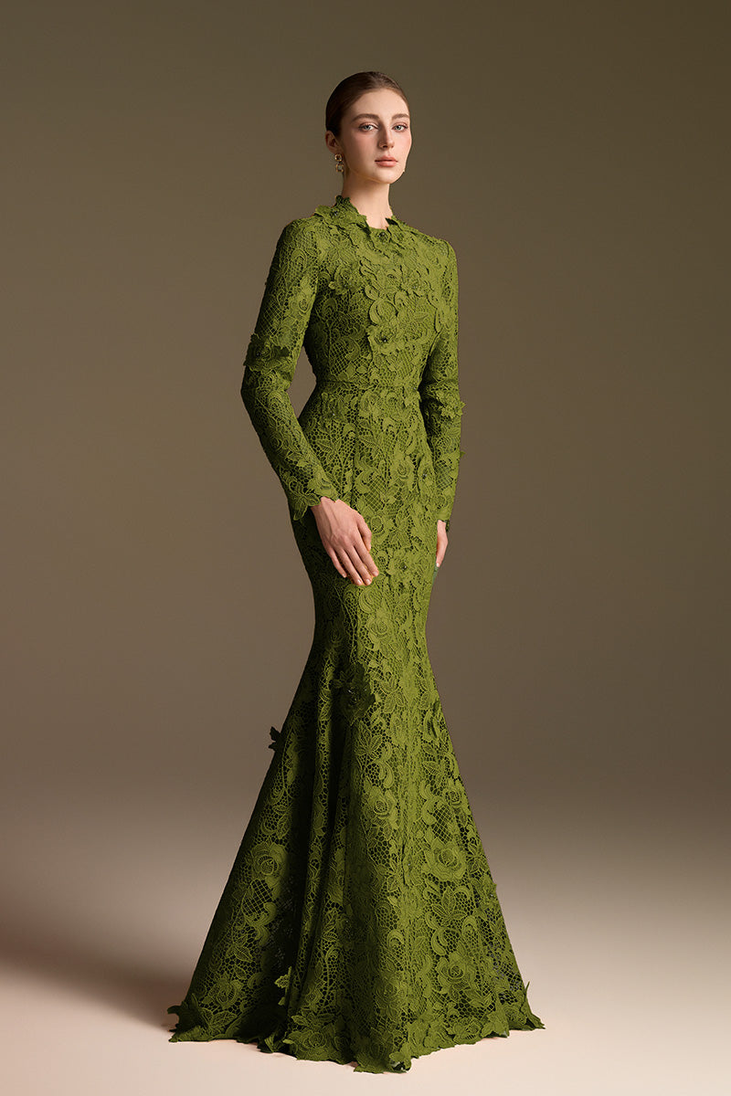 Round Neck Mermaid Gown With Long Sleeves In Green Guipure Lace