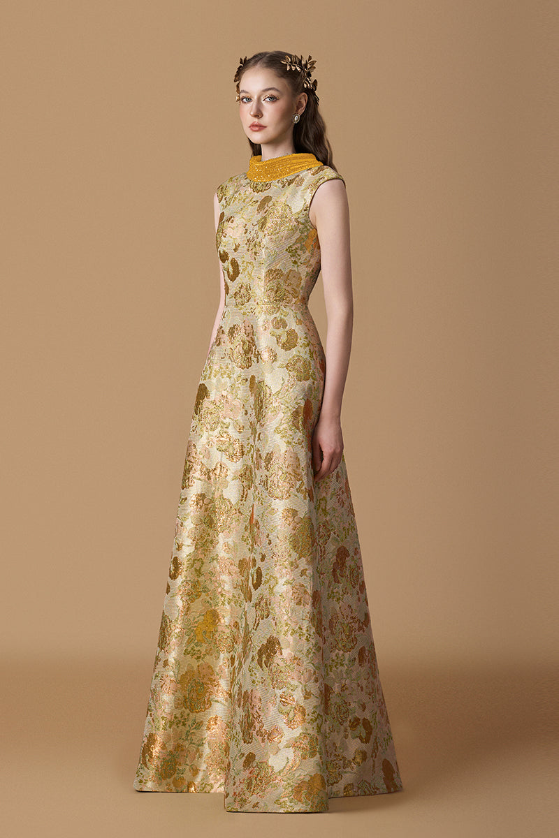 Round Neck A -line Gown With De-Constructed Collar In Green Floral Metallic Jacquard