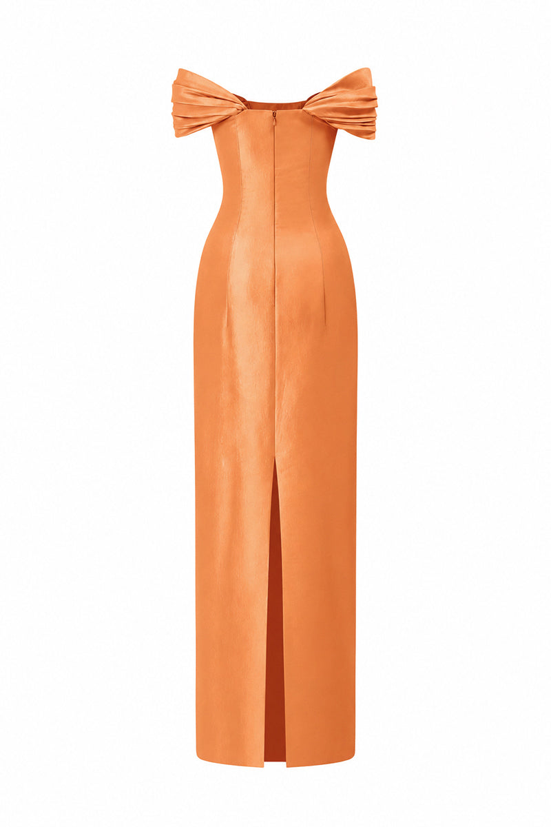 Bustier Column Gown With Draped Off-Shoulder Details In Taffeta