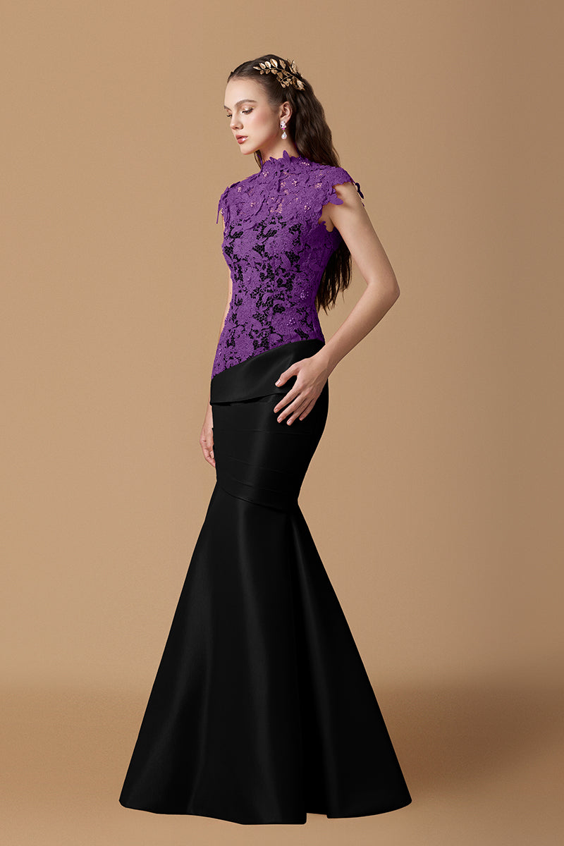 Round Neck Mermaid Gown With Pink Guipure Lace and Ivory Taffeta