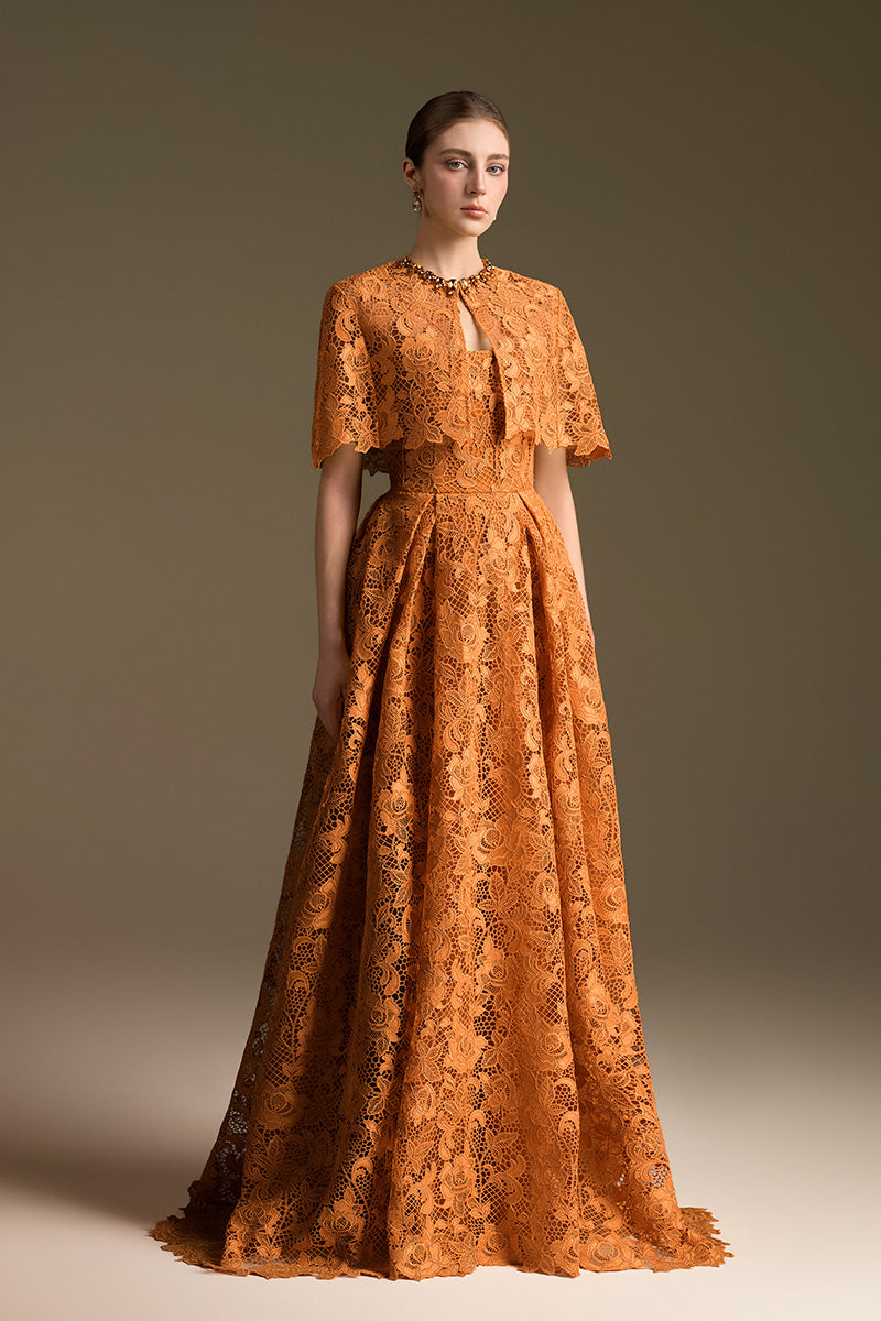 Bustier A-Line Gown With Mini Cape In Guipuire Lace