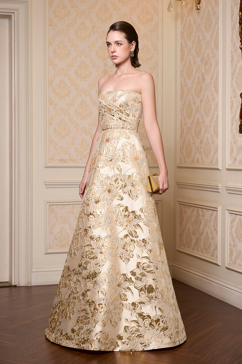 Strapless A-line Gown With Draped Details In Beige Jacquard