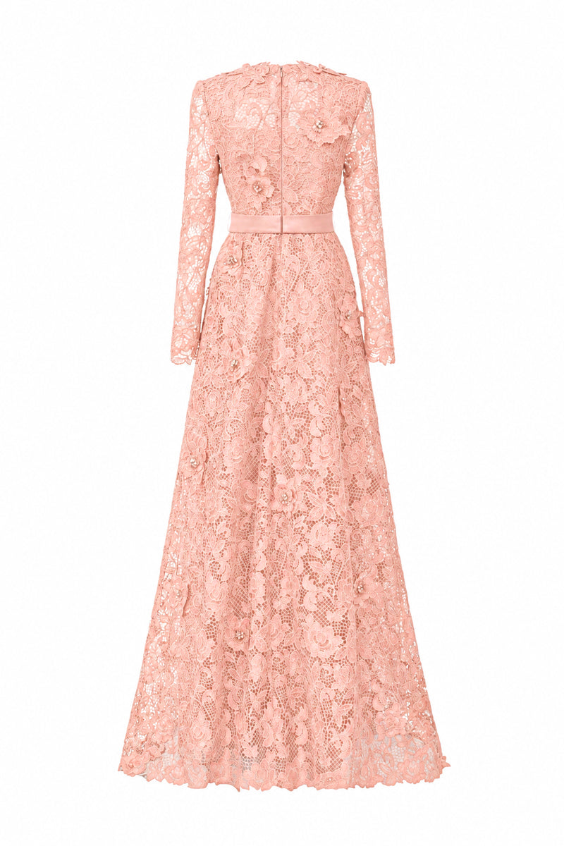 Trapeze Neck A-line Gown With Long Sleeves In Light Pink Guipure Lace