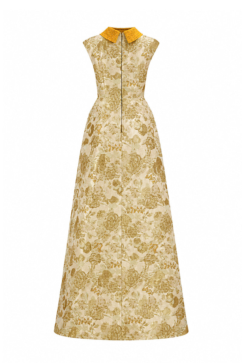 Round Neck A-Line Gown With De-Constructed Collar In Yellow Floral Metallic Jacquard