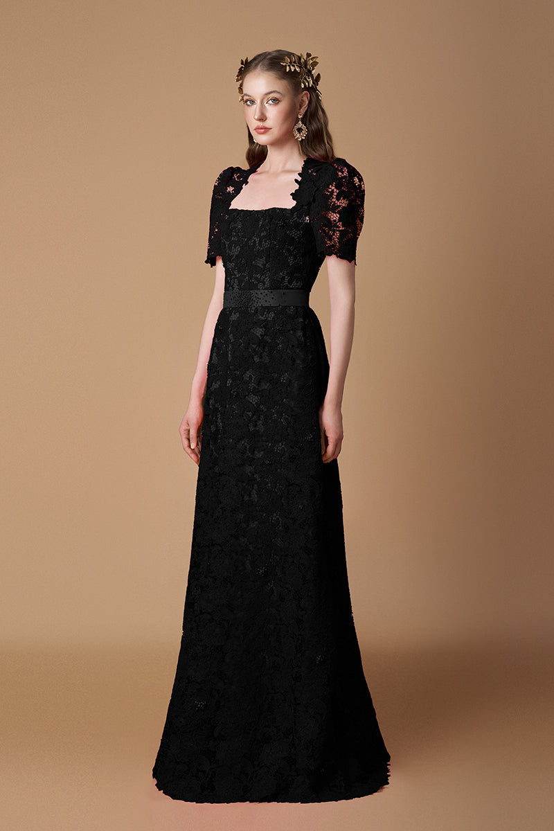 Trapeze Neck A-line Gown With Short Sleeves In Black Guipure Lace