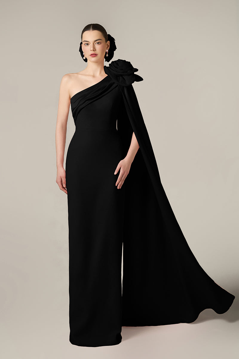 ONE SHOULDER COLUMN GOWN WITH DRAPED ROSE