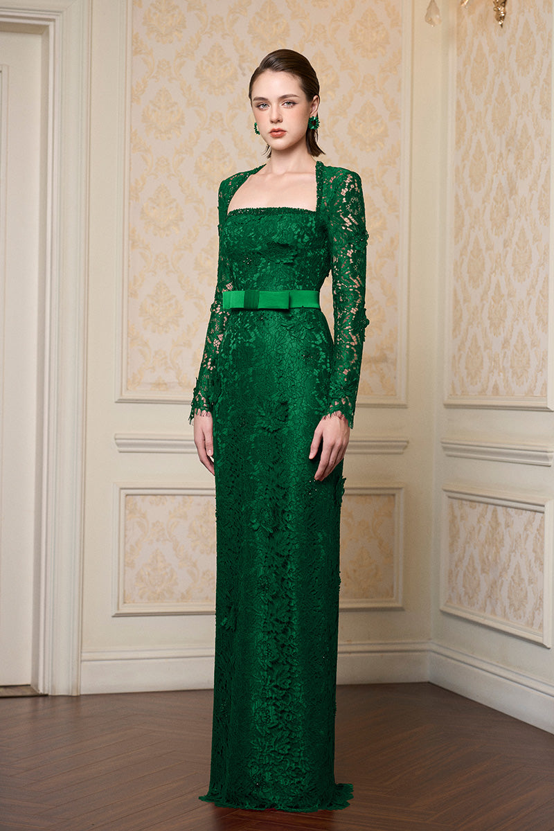 Trapeze Neck Column Gown With Long Sleeves In Dark Green French Lace