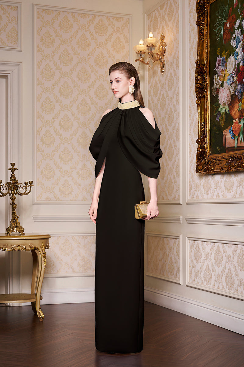 Bottle Neckline Draped Shoulder Agate Silk Gown