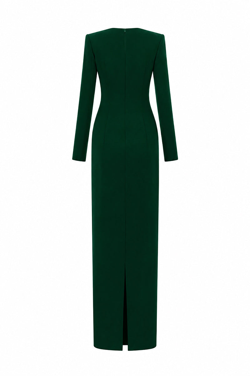 Trapeze Neck Column Gown With Long Sleeves In Black Crepe & Stones
